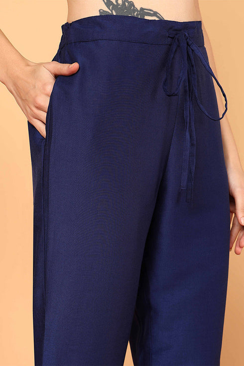 Plus Size Navy Blue Silk Blend Solid Embroidered Flared Kurta Set